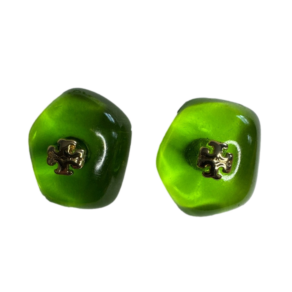 💖 Tory Burch New Green Resin Logo Stud Earrings Gold Toned